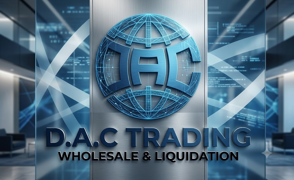 D.A.C Trading — wholesale and liquidation brand mark on a corporate glass and brushed-steel backdrop